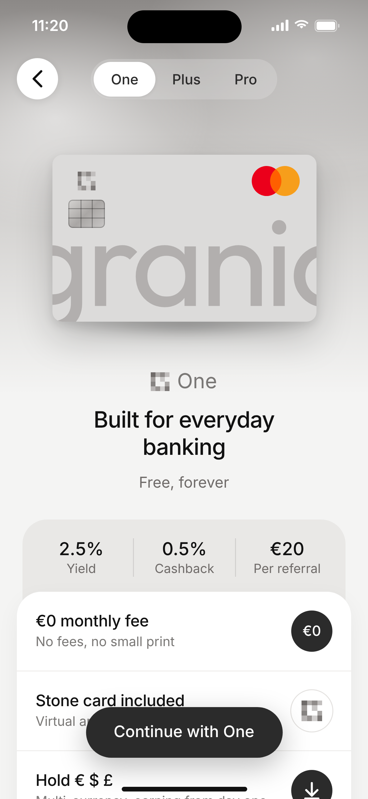 granio app: choose One, Plus or Pro, with the One plan and its stone card
